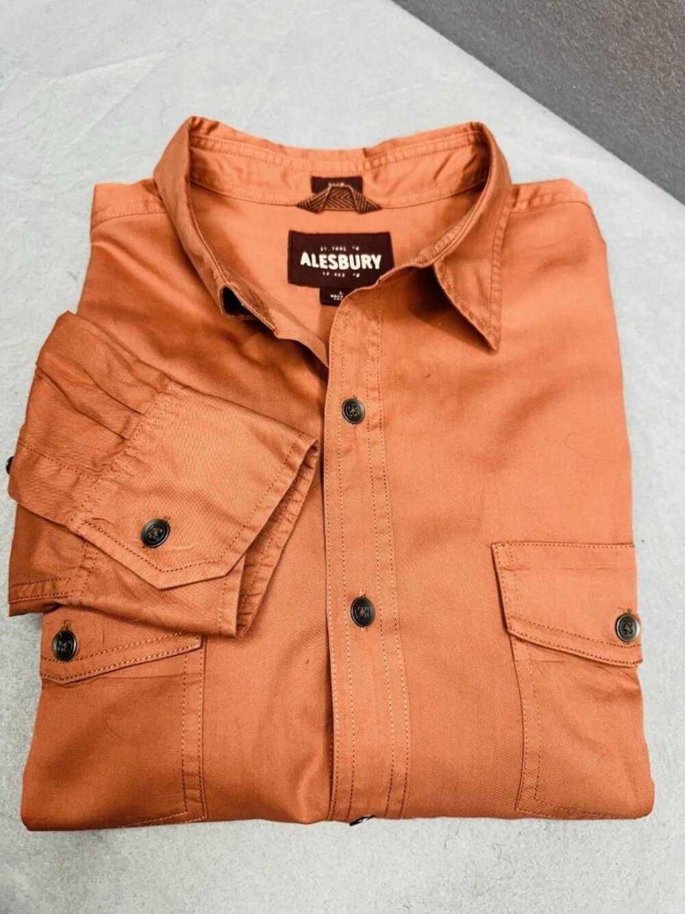 Alesbury Work Shirt Mens Size L SLIM FIT Orange Button Down Pockets 100% Cotton